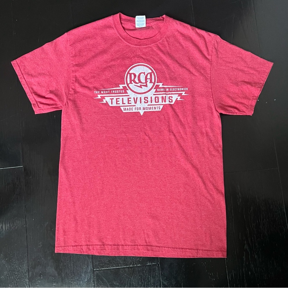 Vintage-inspired RCA Televisions graphic tee in a washed red soft, broken-in